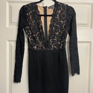 Lulus Long Sleeve Deep V Black Lace Cocktail Dress